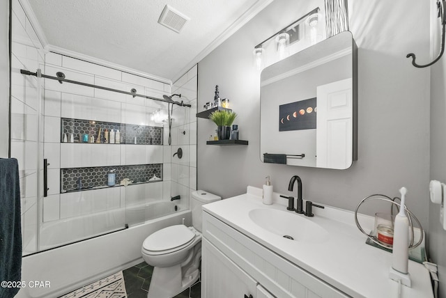 2501 Kimberly Dr, Lynn Haven, FL 32444 - full bath with crown molding, vanity, combined bath / shower with glass door, and a textured ceiling