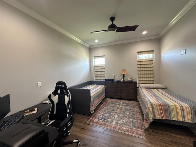 1733 Overhill Dr, San Angelo, TX 76904 - bedroom with dark wood-style floors, recessed lighting, an office area, ornamental molding, and ceiling fan