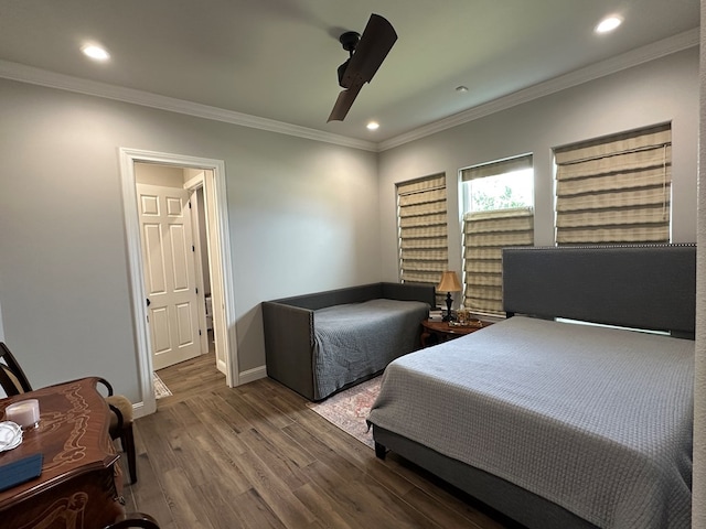 1733 Overhill Dr, San Angelo, TX 76904 - bedroom with wood finished floors, baseboards, ornamental molding, recessed lighting, and a ceiling fan