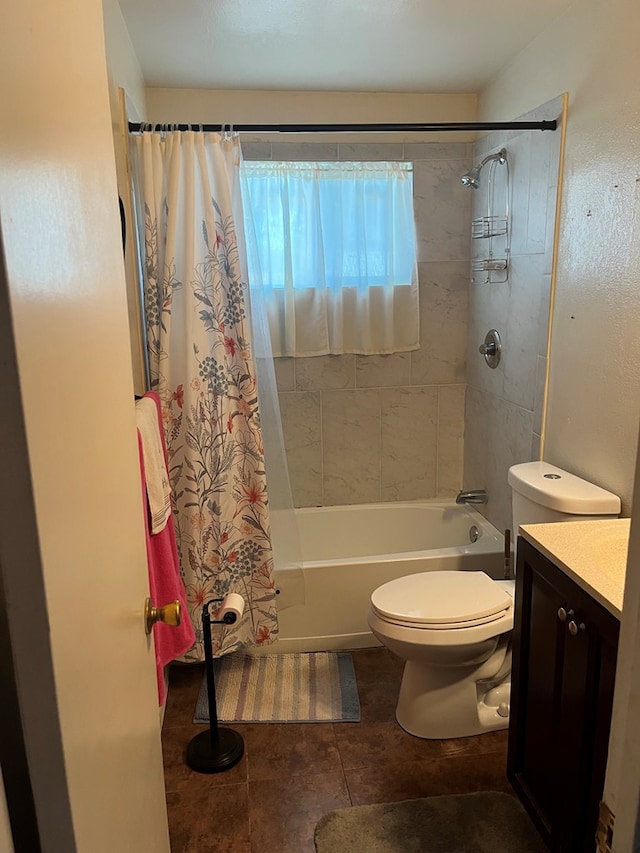 full bathroom with vanity, shower / bath combination with curtain, and toilet