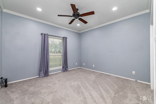 carpeted empty room featuring ornamental molding, recessed lighting, ceiling fan, and baseboards