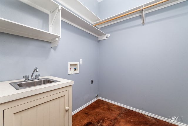 laundry room with hookup for a washing machine, laundry area, electric dryer hookup, a sink, and baseboards