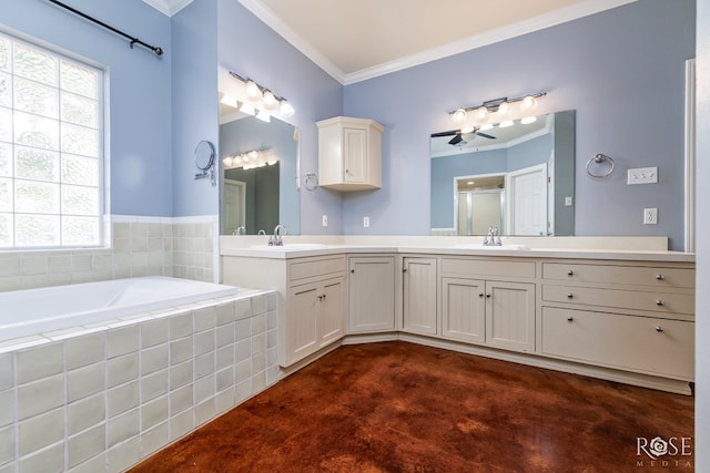 bathroom featuring vanity, a garden tub, a shower with shower door, a ceiling fan, and ornamental molding