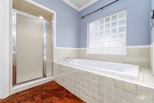 full bathroom with a bath, ornamental molding, and a stall shower
