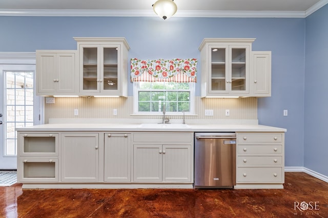 kitchen featuring a sink, glass insert cabinets, light countertops, baseboards, and dishwasher