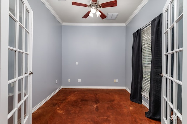empty room featuring finished concrete floors, ceiling fan, baseboards, ornamental molding, and french doors