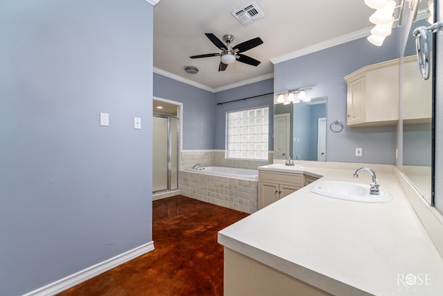 bathroom with ceiling fan, a stall shower, visible vents, finished concrete floors, and a garden tub