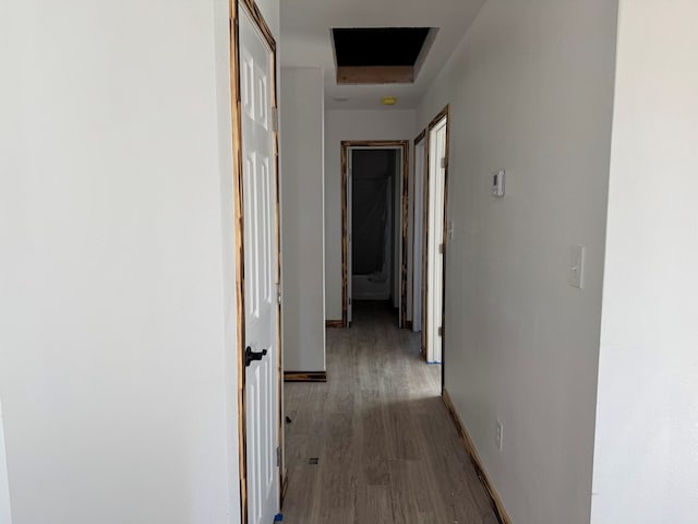 corridor with wood-type flooring