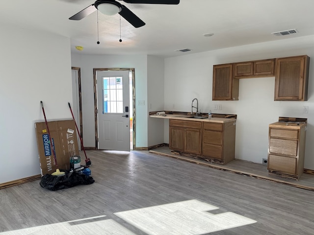 kitchen with sink, ceiling fan, and light hardwood / wood-style flooring