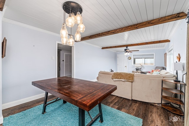 dining room featuring crown molding, beam ceiling, dark hardwood / wood-style floors, and ceiling fan