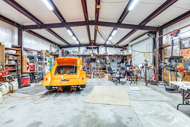 garage with a workshop area