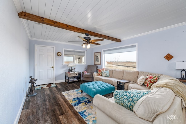 living room with dark wood-type flooring, wood ceiling, crown molding, ceiling fan, and beam ceiling