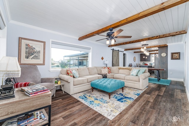 living room featuring ceiling fan, a barn door, dark hardwood / wood-style floors, and beam ceiling