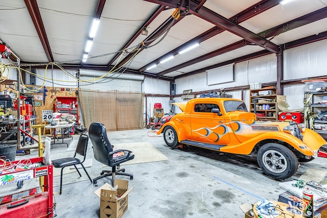 garage with a workshop area