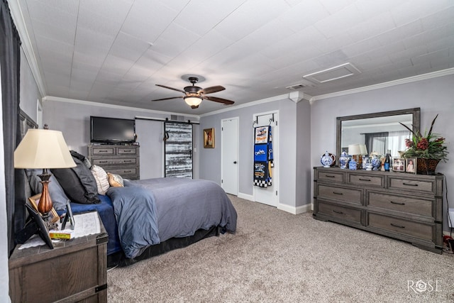 bedroom featuring ornamental molding, light carpet, and ceiling fan