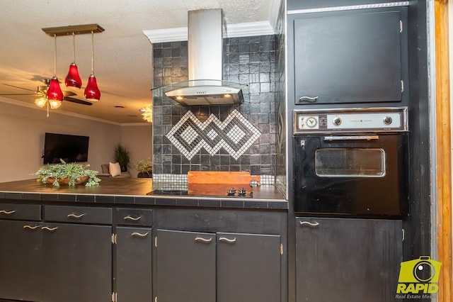 2720 Tanglewood Dr, San Angelo, TX 76904 - kitchen with oven, ventilation hood, crown molding, tile counters, and tasteful backsplash