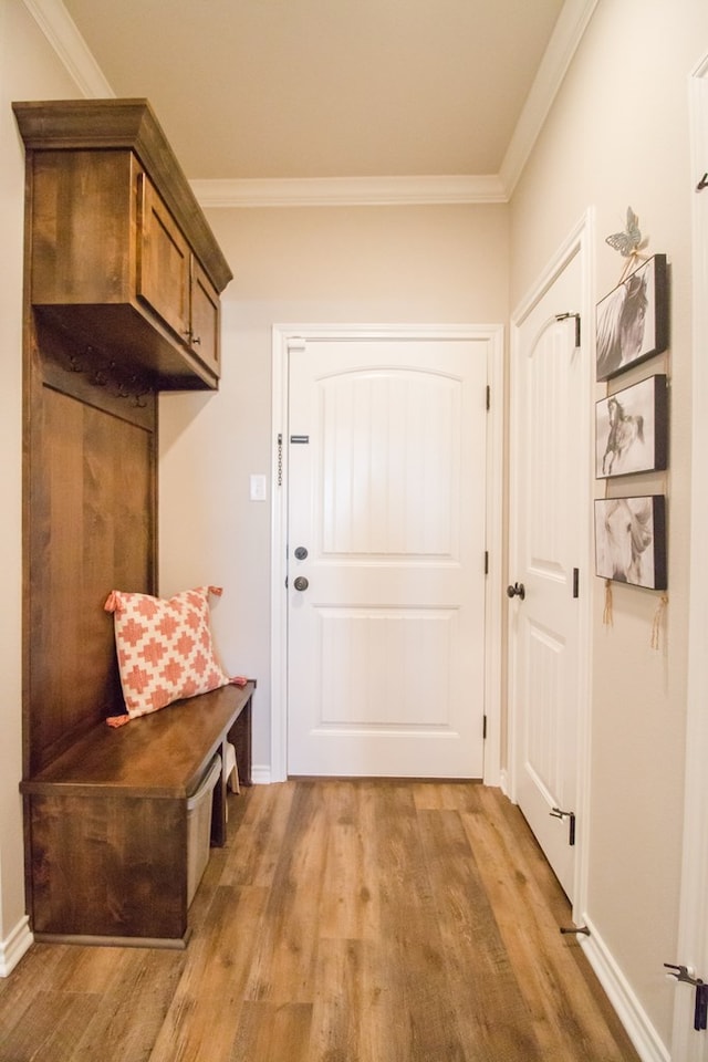 mudroom with ornamental molding and light hardwood / wood-style flooring