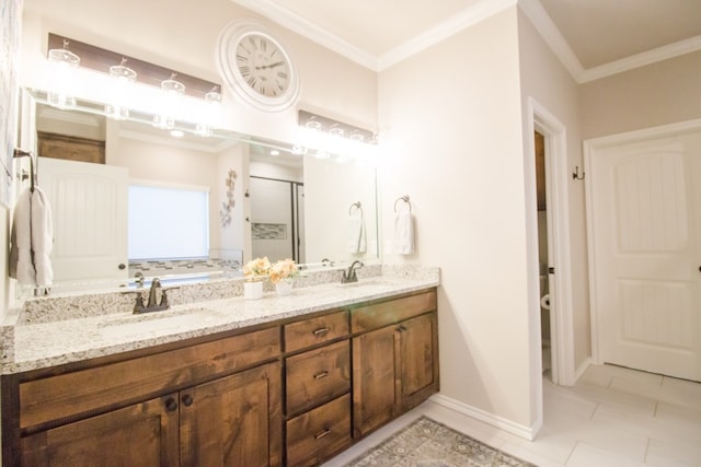 bathroom with crown molding, vanity, an enclosed shower, and tile patterned flooring