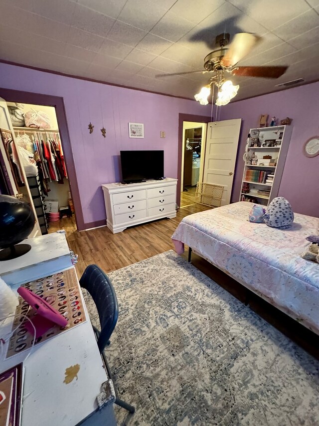 bedroom featuring ceiling fan, light hardwood / wood-style floors, a closet, and a walk in closet