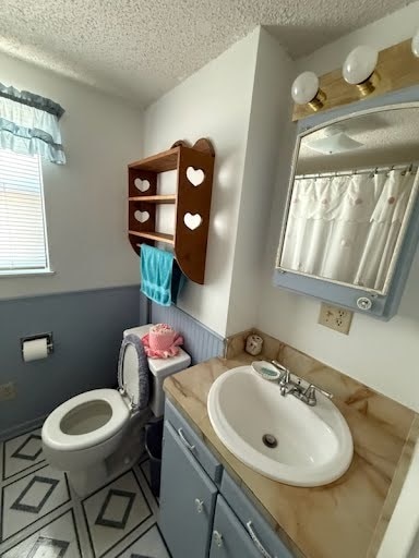 bathroom with toilet, vanity, a textured ceiling, and walk in shower