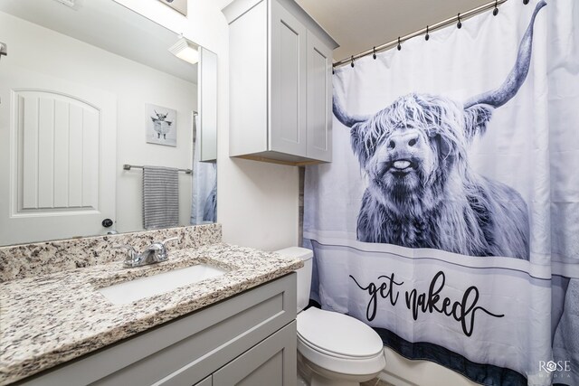 bathroom featuring a shower with curtain, vanity, and toilet