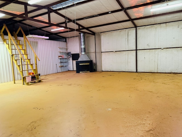 garage featuring a wood stove