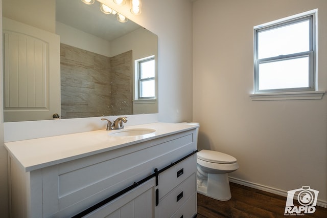 bathroom featuring toilet, baseboards, wood finished floors, and vanity