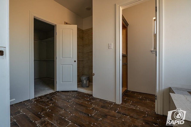 unfurnished bedroom with a walk in closet, dark hardwood / wood-style flooring, and a closet