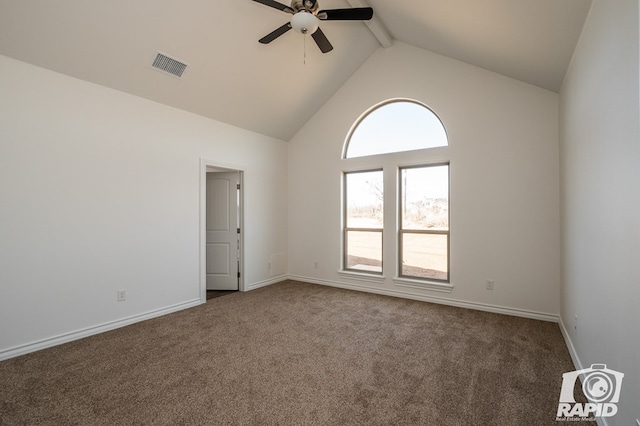 carpeted empty room with visible vents, ceiling fan, high vaulted ceiling, beamed ceiling, and baseboards