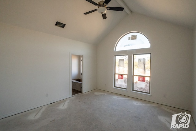 carpeted empty room with beam ceiling, high vaulted ceiling, and ceiling fan