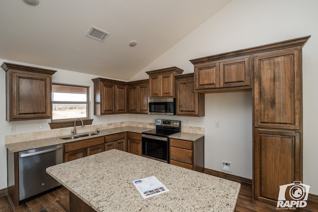 kitchen featuring vaulted ceiling, stainless steel appliances, dark wood-type flooring, and a sink