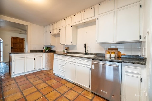 kitchen with dishwasher, white cabinets, tasteful backsplash, and a sink