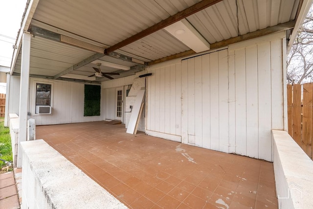 view of patio featuring cooling unit, ceiling fan, and fence