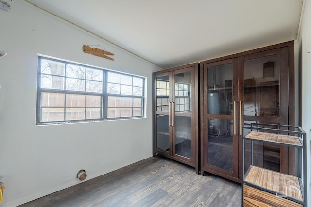 unfurnished room with vaulted ceiling and wood finished floors