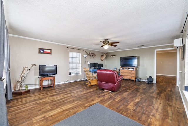 living room featuring dark wood-style floors, ornamental molding, a textured ceiling, and baseboards