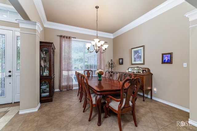 4833 N Bentwood Dr, San Angelo, TX 76904 - dining room featuring a chandelier, ornamental molding, baseboards, and light tile patterned flooring