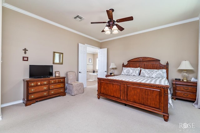 4833 N Bentwood Dr, San Angelo, TX 76904 - bedroom with light colored carpet, crown molding, ensuite bath, and ceiling fan