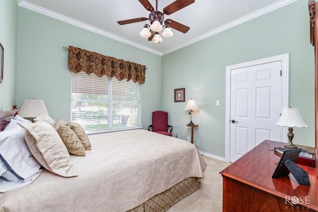 4833 N Bentwood Dr, San Angelo, TX 76904 - bedroom with light colored carpet, crown molding, baseboards, and a ceiling fan