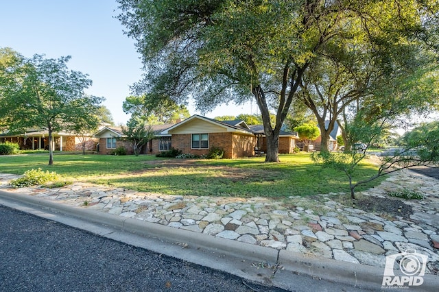 single story home featuring a front lawn