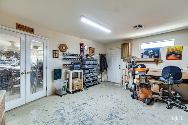 home office featuring concrete flooring, french doors, and visible vents