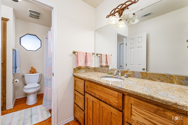 full bathroom featuring toilet, tile patterned flooring, visible vents, and vanity