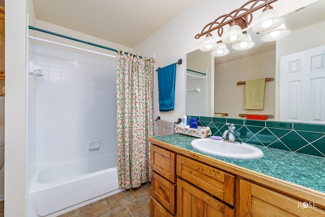 full bath featuring tasteful backsplash, shower / bath combination with curtain, and vanity