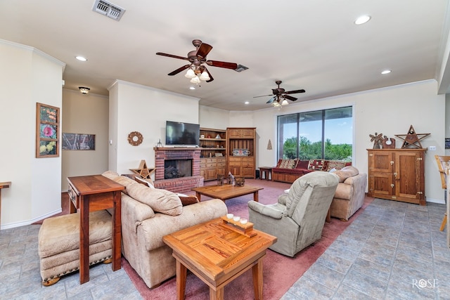 living area with recessed lighting, a fireplace, visible vents, baseboards, and ornamental molding