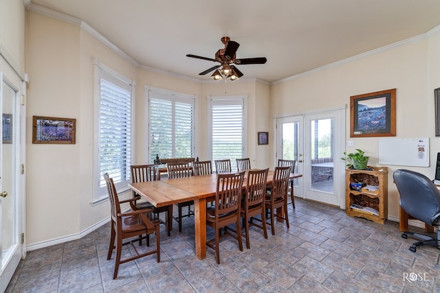 dining space featuring ceiling fan, baseboards, french doors, stone finish flooring, and crown molding