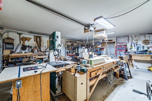 garage featuring a workshop area and a garage door opener