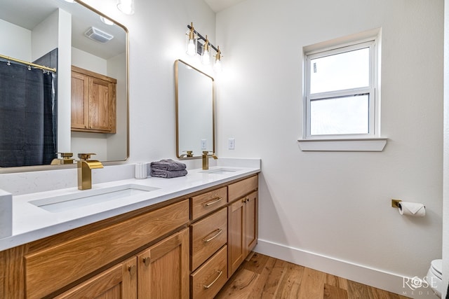 9401 Collett Rd, Robert Lee, TX 76945 - bathroom featuring double vanity, wood finished floors, and curtained shower