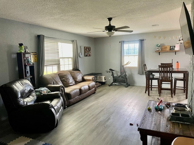 201 N Franklin St, Bronte, TX 76933 - living room with wood finished floors, ceiling fan, and a textured ceiling