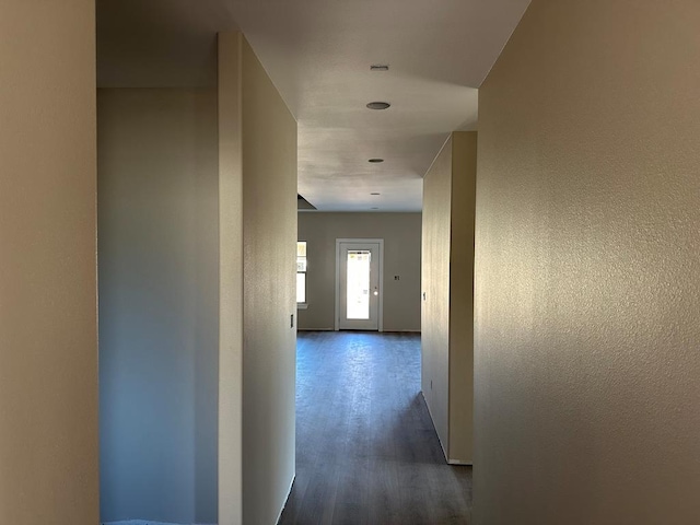 hallway featuring dark wood finished floors and a textured wall