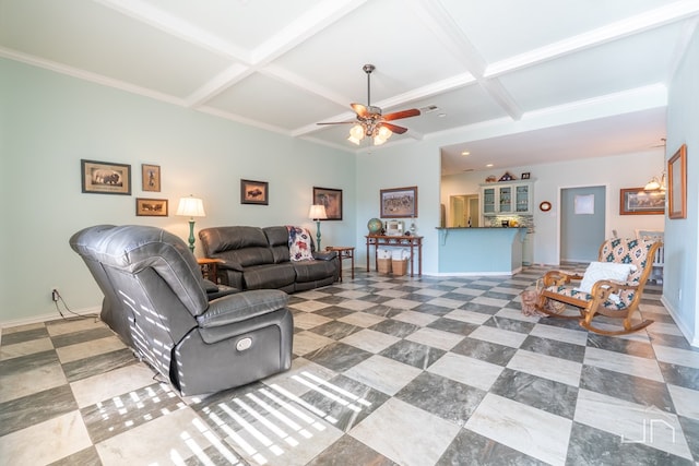 3067 Champions Cir, San Angelo, TX 76904 - tiled living area featuring coffered ceiling, baseboards, ceiling fan, and beam ceiling