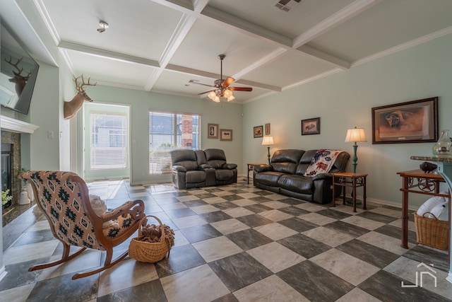 3067 Champions Cir, San Angelo, TX 76904 - tiled living area with coffered ceiling, a ceiling fan, a fireplace, baseboards, and beamed ceiling